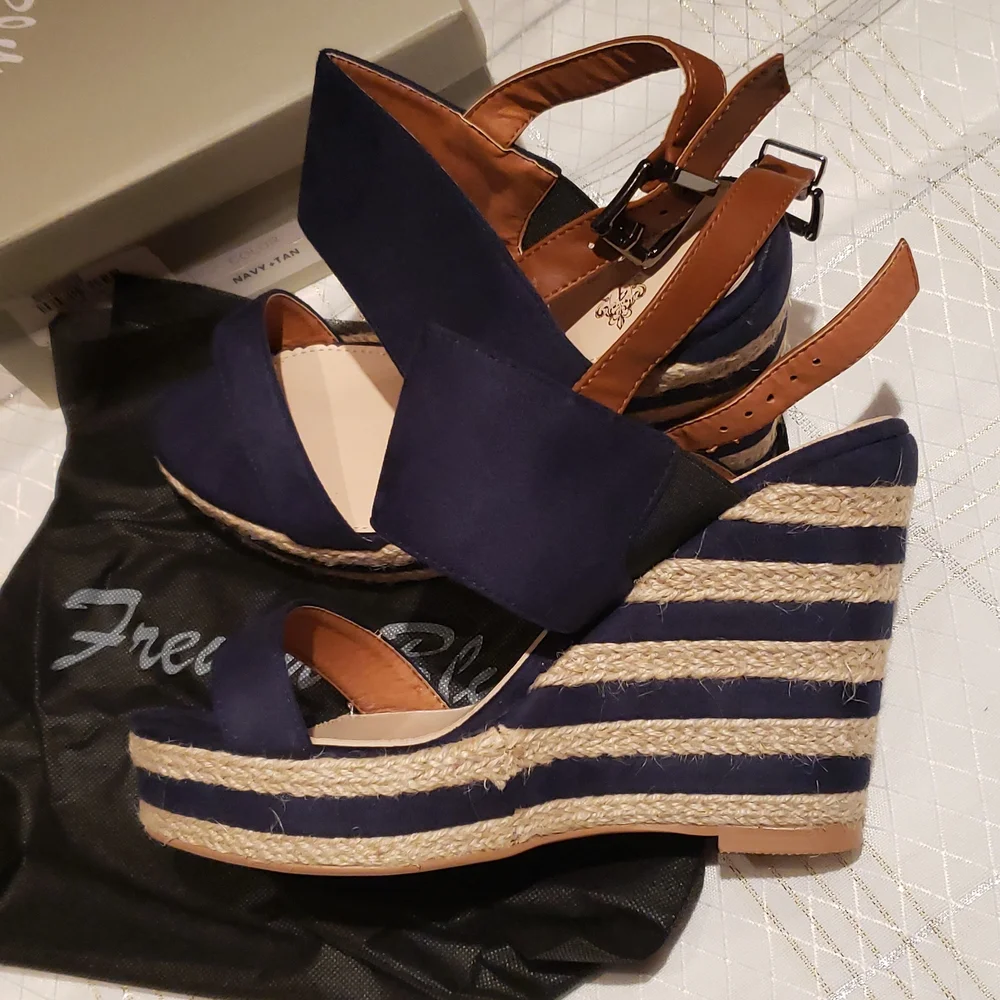 French Blu NEW Wedge Espadrille Platform Sandal NIB Navy Tan Women's 40